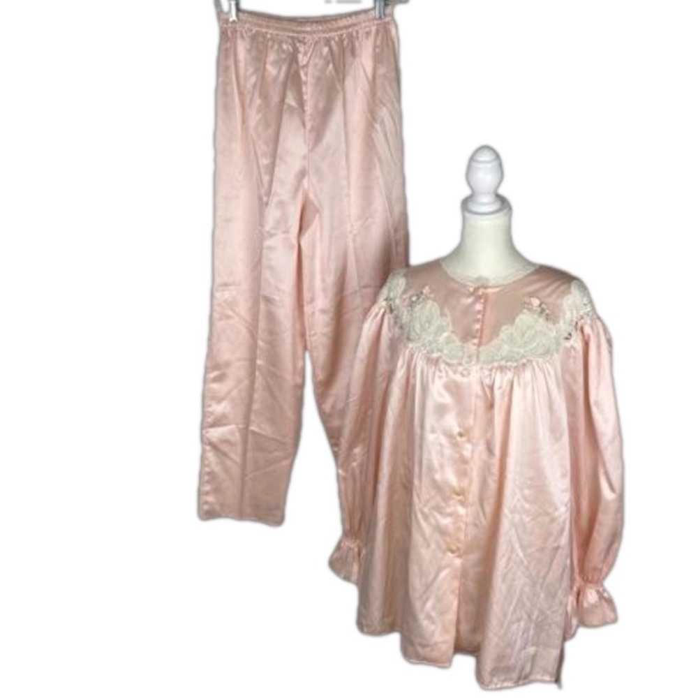 Vintage Eve Stillman Pajamas Pink Satin Lace Rose Detail Cotton Lined NWT Size L